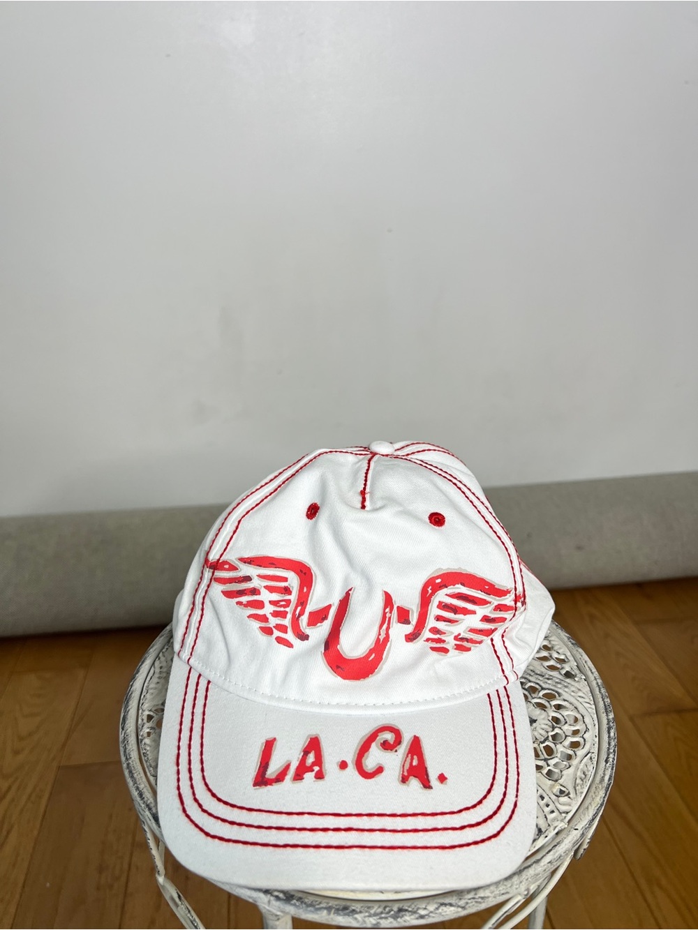 True Religion White Cap with Red Stitching Detail